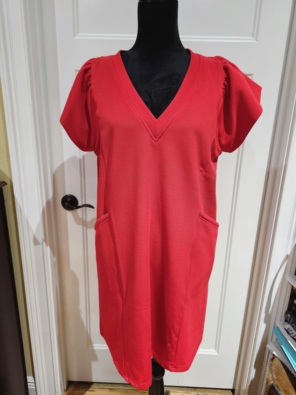 entro Bright Red V-Neck Dress with Puffed Sleeves